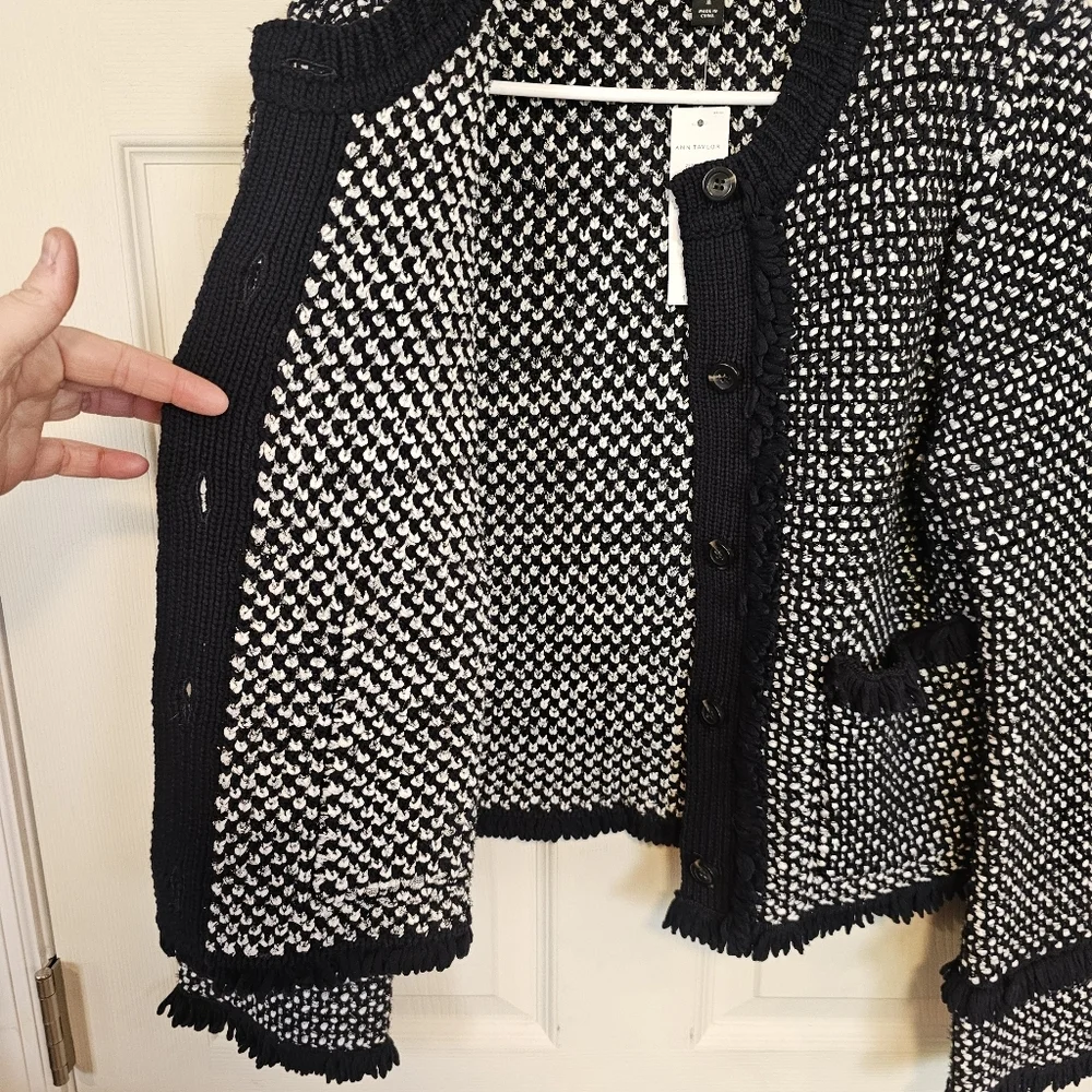 Ann Taylor Navy Tweed Knit Heavy Ruffle Button Down Blazor Sweater Jacket - Picture 10 of 10